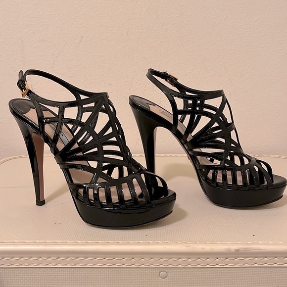 Prada Black Patent Leather Caged Platform Heels - Picture 7 of 16
